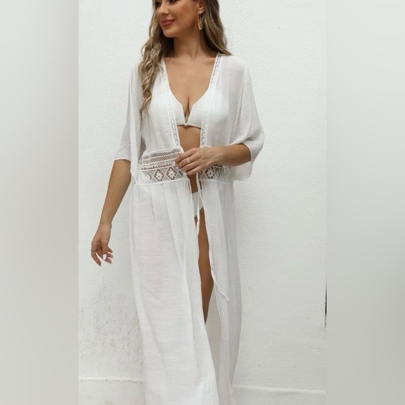 NEW Boho White Lace Beach Dress Coverup with Flutter Sleeves & 2-Tie Front, OS - Picture 3 of 13